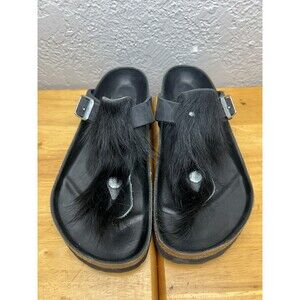 Birkenstock Gizeh High Shine Black Leather Size 37 Womens 6.5 US Hair Tassel